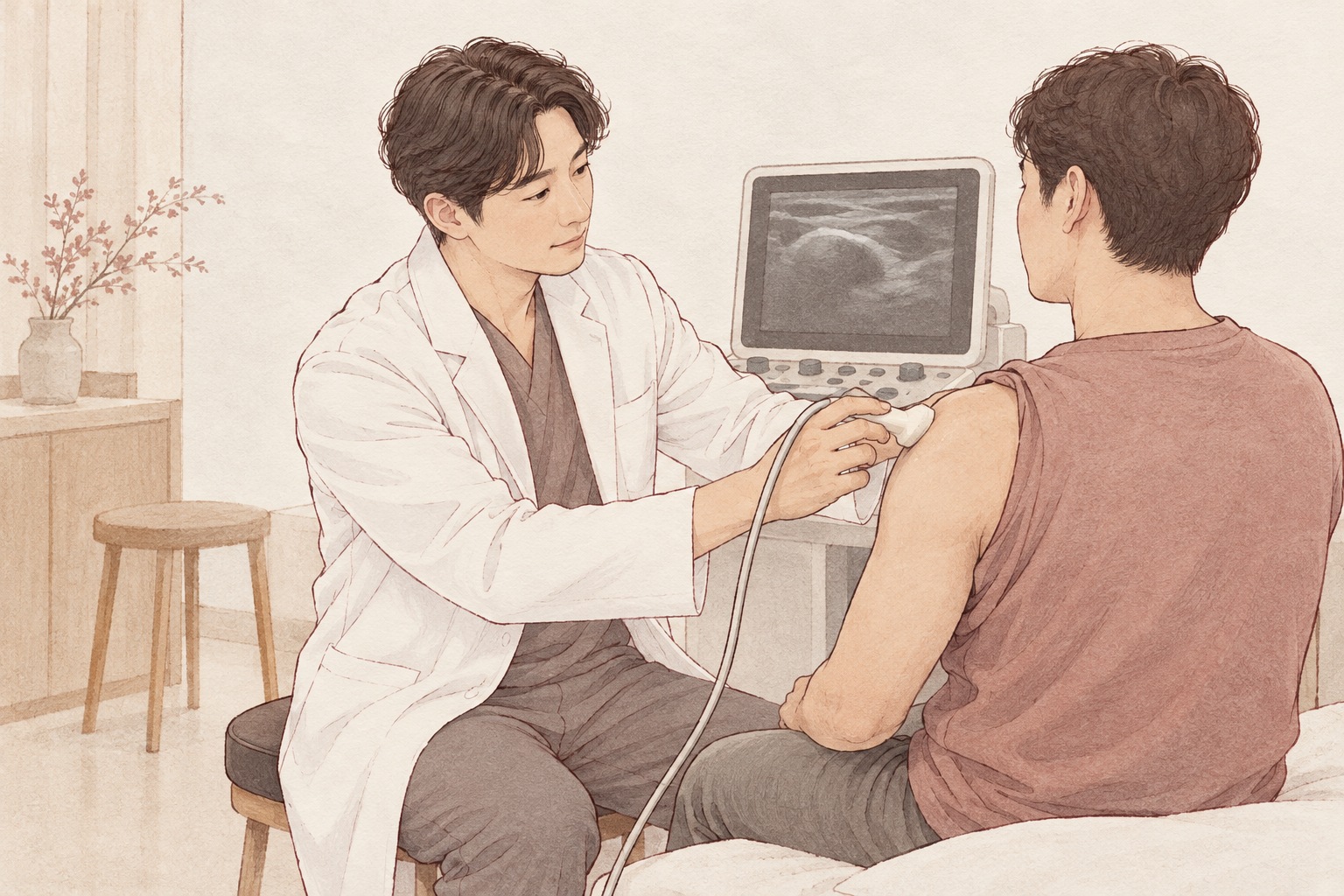 초음파로 어깨 부위를 확인하는 진료 설명 일러스트
